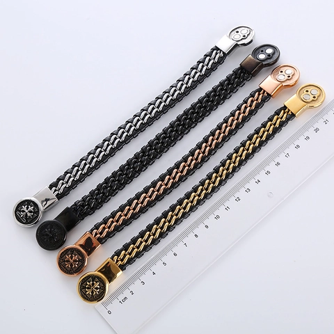 Bracciale In Pelle Intrecciata Da Uomo Acciaio Inossidabile 304 Catena Giuntata Croce Incisa Gioielli Punk Rock Retro Corda Da Mano Maschile