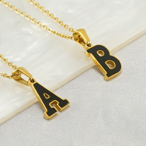 Stainless Steel Initial Letter Pendant Necklace Black Enamel Gold Plated Alphabet Jewelry For Women Fashion Accessory