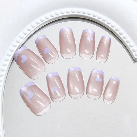 Handmade French Heart Cat Eye Press On Nails Taro Purple Sweet Square Short Nails For Women Decorative Nail Art Decoration