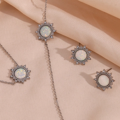Vintage Stainless Steel Jewelry Collection For Women Sun Pattern Artificial Opal Rhinestone Earrings Bracelet Necklace Accessory
