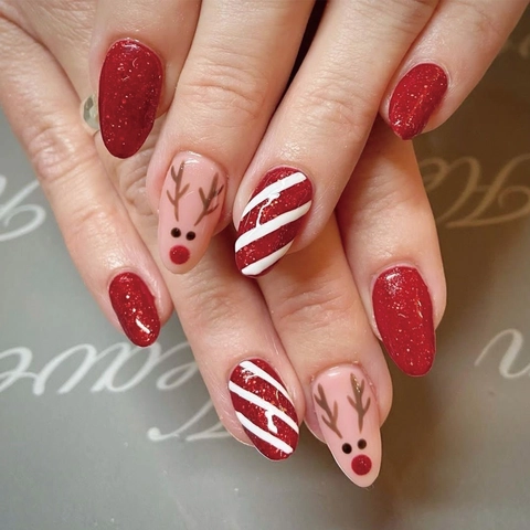 Weihnachten Künstliche Nägel Mandelform Rot Glitzer Rentier Streifen Design Künstliche Fingernägel Für Damen