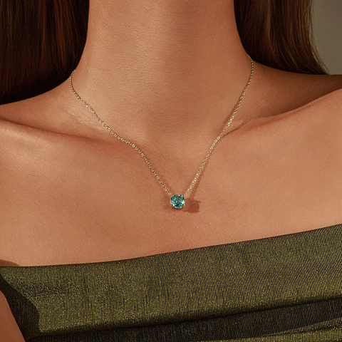 925 Sterling Silver Octagon Light Blue Rhinestone Pendant Necklace For Women Elegant Clavicle Chain Jewelry Gift Item