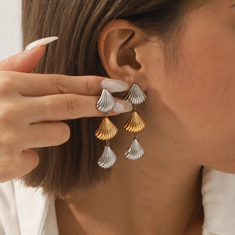Stainless Steel Natural Shell Dangle Earrings Layered Ocean Style Nautical Jewelry For Women