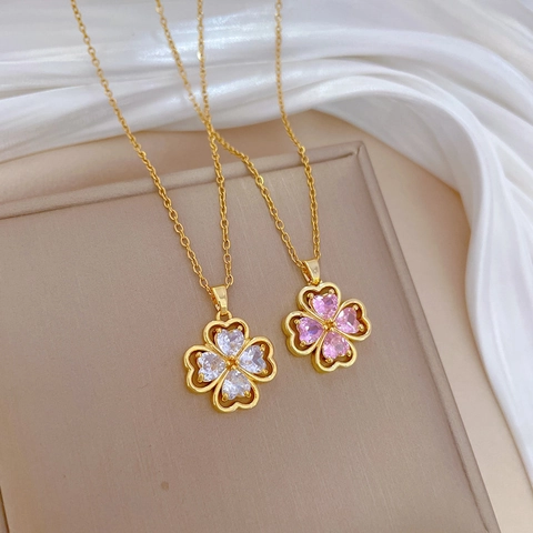 Glücksklee Anhänger Halskette Edelstahl Kette Kupfer Zirkonia Herz Edelstein Eleganter Schmuck Für Damen