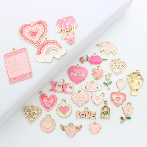 Pink Enamel Heart Rose Flower Alloy Charms For DIY Jewelry Making Romantic Gold Plated Pendants Accessories