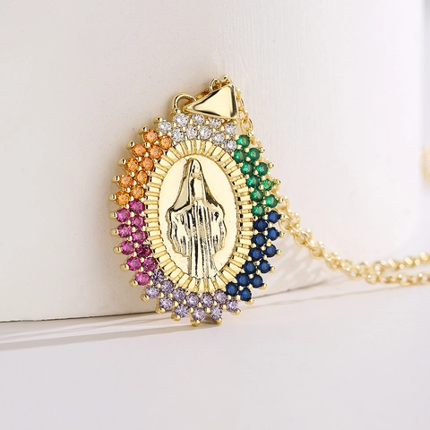 Collana Con Pendente Vergine Maria Rame Placcato Oro Zirconia Colorata Gioielli Religiosi Arcobaleno Stile Retrò Donne
