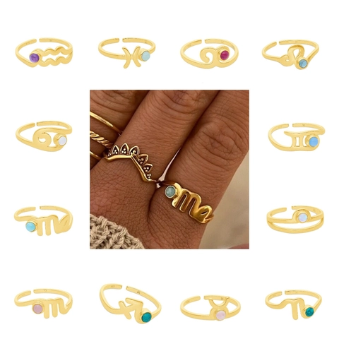 Sternzeichen Ringe Damen Edelstahl Zirkonia Sternbilder 18K Vergoldet Verstellbarer Offener Ring Schmuck