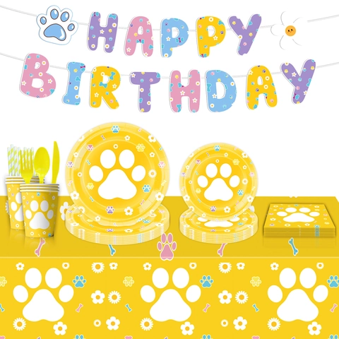 Dog Paw Birthday Party Supplies Plates Cups Banners Tablecloth Tissues Bone Pattern Pet Theme Decorations Kids Birthday Party