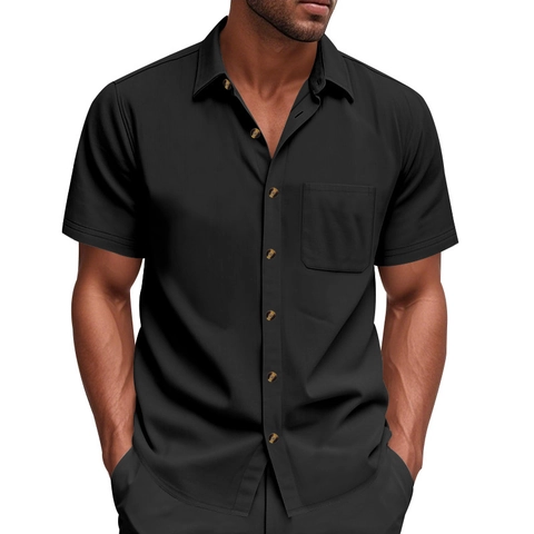 Chemise Homme Manches Courtes Mélange Lin Revers Boutonné Décontracté Affaires Léger Respirant Couleur Unie Tops Été