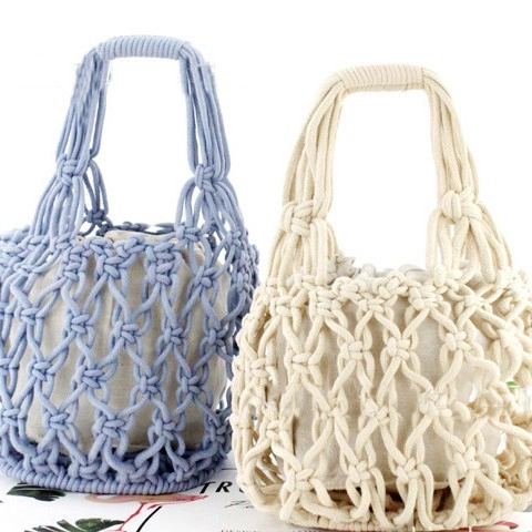 Handmade Woven Cotton Rope Handbag Hollow Out Mesh Tote Bag With Drawstring Fabric Inner Liner For Women Beach Vacation Casual Bohemian Style