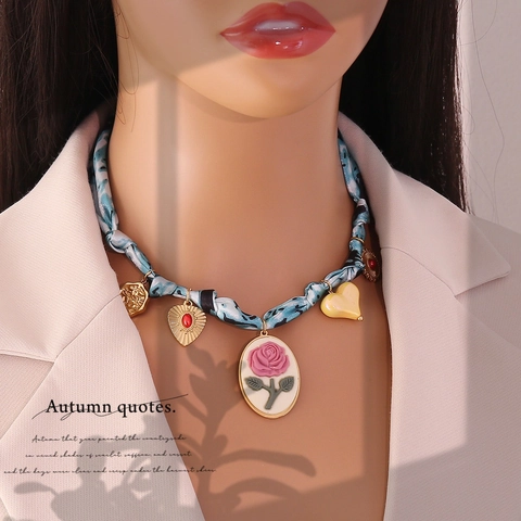 Vintage Rose Heart Charm Necklace And Bracelet Stainless Steel Chain Polyester Satin Scarf Wrapped Bohemian Jewelry For Women