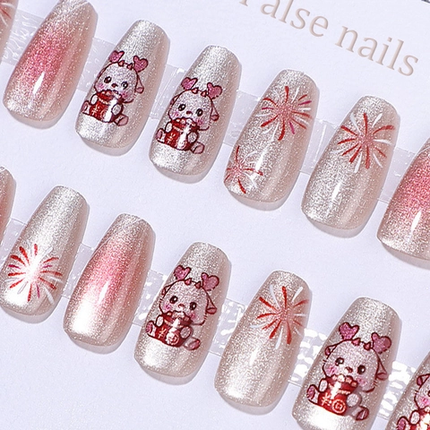 Cat Eye Press On Nägel Rosa Verlauf Feuerwerk Muster Glänzende Falsche Fingernägel Für Frauen Festlich Neujahr