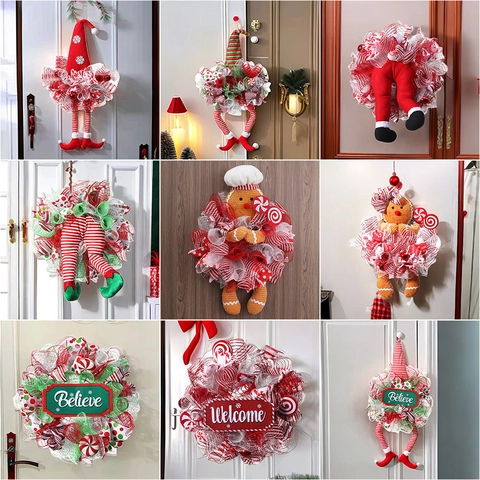 Christmas Wreath Door Hanging With Elf Santa Legs Mesh Ribbon Bow For Holiday Party Festive Home Decor Novelty