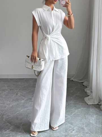 Women Elegant 100% Cotton Sleeveless Waist Tie Shirt And High Waist Wide Leg Pants Solid Casual Commute Outfit