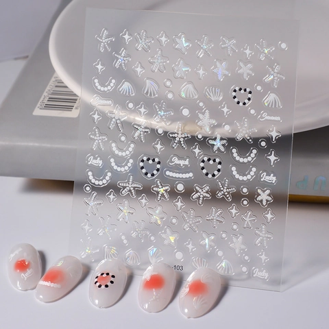 5D Geprägte Nagelaufkleber Ozean Thema Seestern Muschel Künstliche Perle Holografisch Relief Selbstklebend Maniküre Dekoration Für Frauen