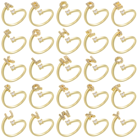 Bagues Ouvertes Initiales Cuivre Zircone Réglable Bijoux De Doigt Femmes Plaqué Or Élégant