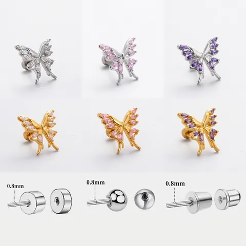 Titanium Steel Copper Zircon Butterfly Ear Cartilage Stud Threaded Screw Back Piercing Jewelry Elegant Fashion For Women