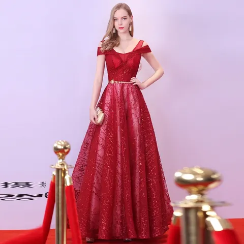 Elegante Avondjurk Met Pailletten Off Shoulder V Hals A Lijn Vloerlengte Formele Feestjurk Voor Dames