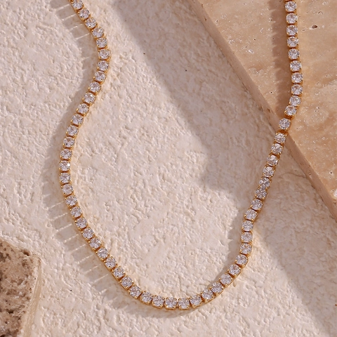 Damen Mode Einfache Kupfer 14K Gold Beschichtet Strass Tennis Kette Halskette Elegante Geometrische Schlüsselbein Kette Schmuck