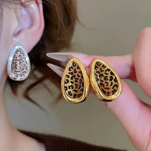 Vintage Leopard Print Waterdrop Stud Earrings Alloy Geometric Jewelry With 925 Sterling Silver Earring Post For Women