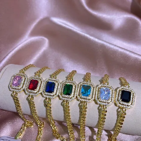 Luxus Armband Mit Quadratischem Edelstein Kupfer 18K Vergoldet Panzerkette Zirkonia Halo Mode Schmuck Für Damen