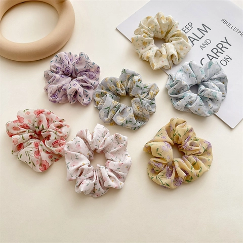 Floral Scrunchies Chiffon Fabric Elastic Hair Ties Fresh Sweet Versatile Ponytail Holder For Women Girls
