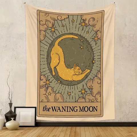 Tarot Card Tapestry Wall Hanging Polyester Retro Mystic Cat Moon Sun Star Design Home Decor For Bedroom Living Room
