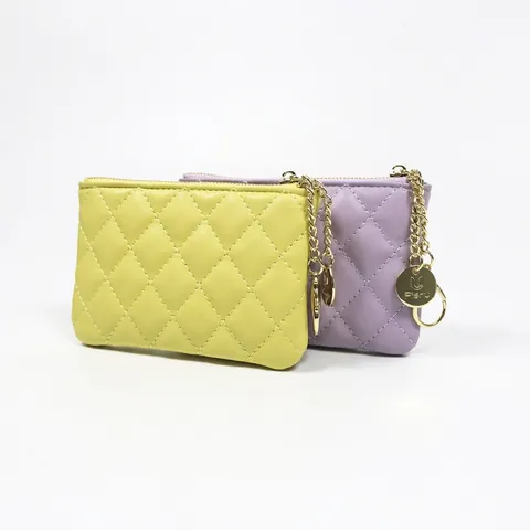 Quilted Diamond Pattern Coin Purse PU Leather Mini Wallet With Golden Keychain Hook Zipper Closure Women Macaron Colors