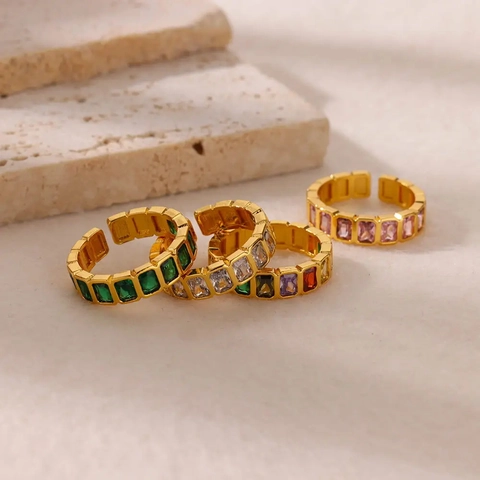 Bunter Baguette Zirkonia Offener Ring Vergoldetes Kupfer Geometrisch Verstellbarer Schmuck Geschenk Für Damen