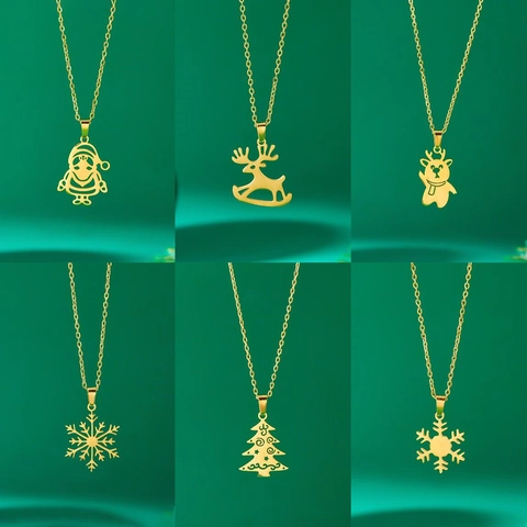 Collier De Noël En Acier Inoxydable Père Noël Renne Flocon De Neige Pendentif Creux Bijoux Festifs Femmes Hommes