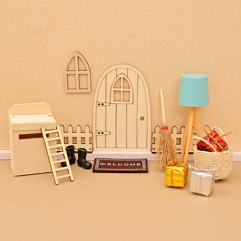 Decoración De Navidad Para Casa De Muñecas Miniatura Madera Plástico Tela DIY Simulación Ornamentos Puerta Ventana Valla