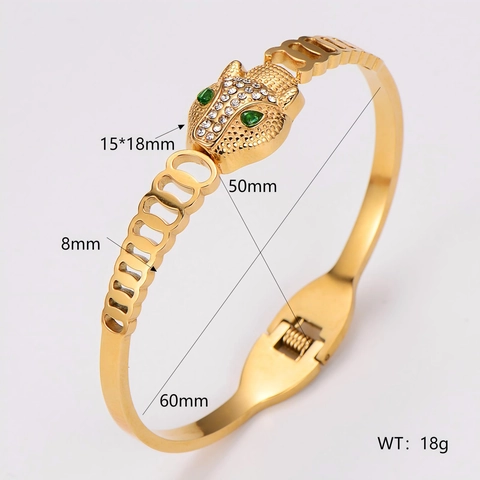 Bracciale Rigido Testa Di Leopardo Vintage Acciaio Inossidabile 304 Geometria Cava Placcato Oro Con Strass E Occhi Di Gemma Verde