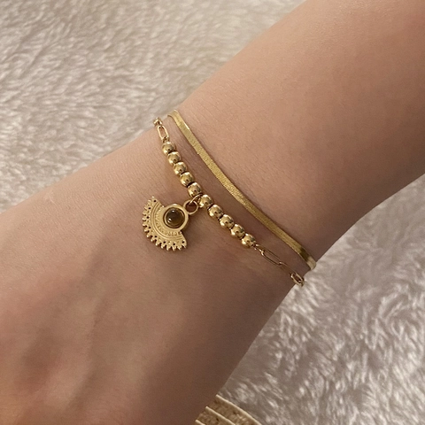 Vintage Stainless Steel Double Layer Gold Bracelet For Women Tiger's Eye Stone Pendant Adjustable Snake Chain Jewelry Gift