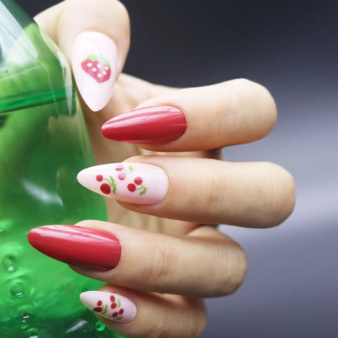 Almond Press On Nails Strawberry Cherry Pattern Red Pink Glossy Sweet Style For Women