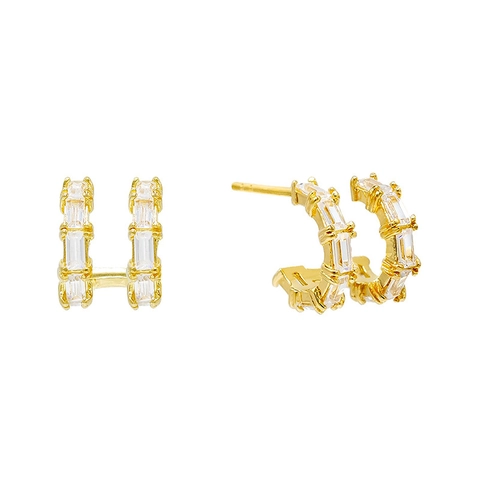 Ensemble de Boucles d'Oreilles en Cuivre Plaqué Or Argent Zirconia Boucles d'Oreilles Clous Géométriques à Double Rangée Ear Cuffs à Trois Couches