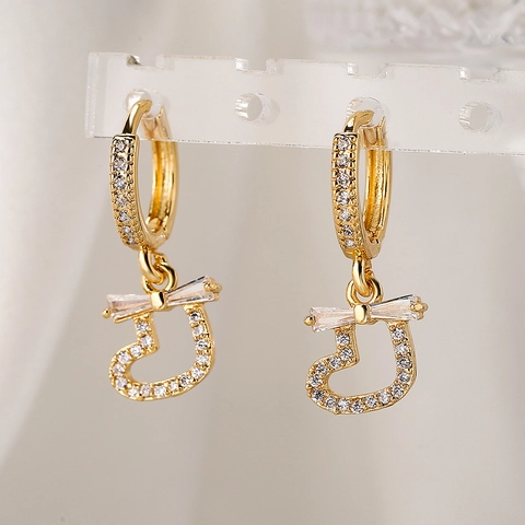 Exquisite Herz Tropfenohrringe Kupfer Vergoldet Mit Schleife Zirkonia Süßer INS Stil Leichter Luxus Schmuck Für Damen