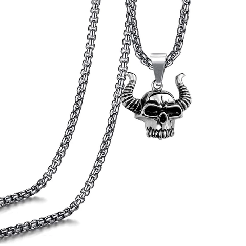 Vintage Titanium Steel Skull Bull Head Pendant Necklace For Men Women Punk Gothic Hip Hop Street Jewelry Box Chain Necklace