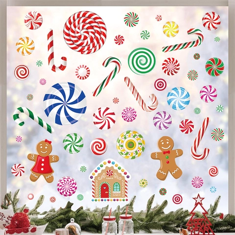Weihnachten Wandaufkleber PVC Lebkuchenmann Haus Pfefferminz Bonbon Lutscher Aufkleber Feiertag Party Dekoration