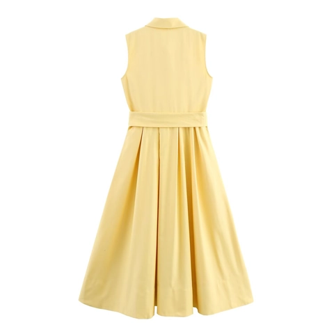 Sleeveless Maxi Shirt Dress With Belt Solid Color Lapel Elegant Casual Woven Polyester Long Vest Dress For Women