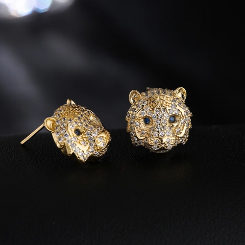 Tigerkopf Ohrstecker Kupfer 18K Vergoldet Mikroverlegte Weiße Zirkonia Blaue Augen Tier Schmuck Für Frauen Luxus
