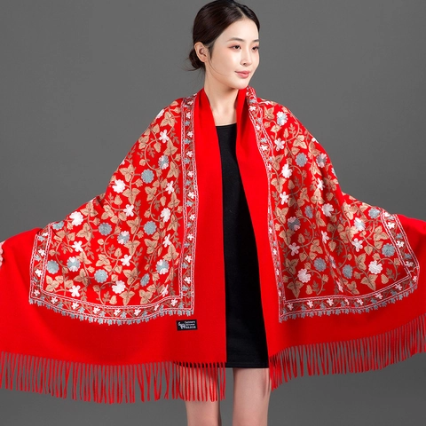 Ginkgoblatt Gestickt Kaschmir-Imitat Stola Lang Dick Quasten Schal Für Damen Elegant Vintage Winter Pashmina Umhang