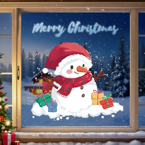 Christmas Window Clings Snowman Static Sticker PVC Double Sided Glass Decal Xmas Festive Party Shop Decor Merry Christmas