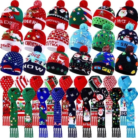 LED Leuchtende Weihnachts Mütze Und Schal Acryl Strick Jacquard Muster Warmer Winter Festliches Zubehör Erwachsene Kinder