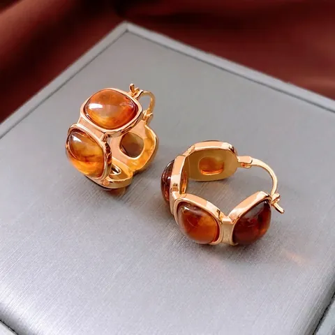 Orecchini Huggie In Resina Ambra Vintage Lega Dorata Geometrica Stile Maillard Francese Eleganti Gioielli Donna