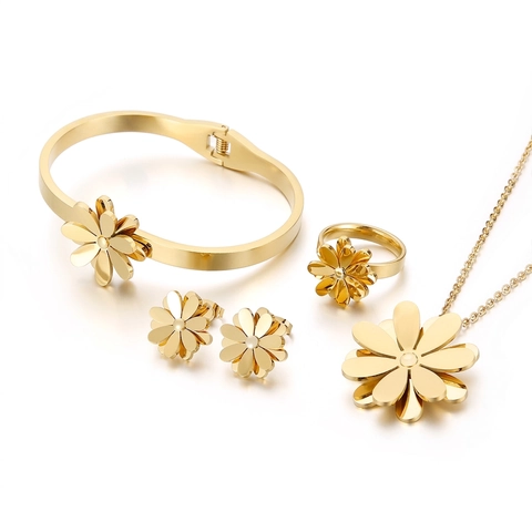 Gänseblümchen Blume Schmuck Halskette Ohrringe Armband Ring Edelstahl Offen Verstellbar Elegant Vintage Floral Damen
