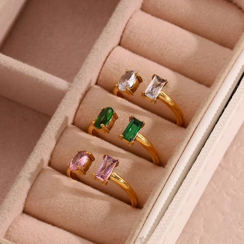Edelstahl Offener Ring Für Frauen Verstellbar Geometrisch Vergoldet Rechteck Oval Zirkonia Mode Chic Schmuck