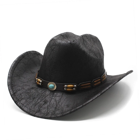 Western Cowboy Hat Vintage Cracked Texture Wide Brim Outback Jazz Cap With Turquoise Beaded Band For Men Women