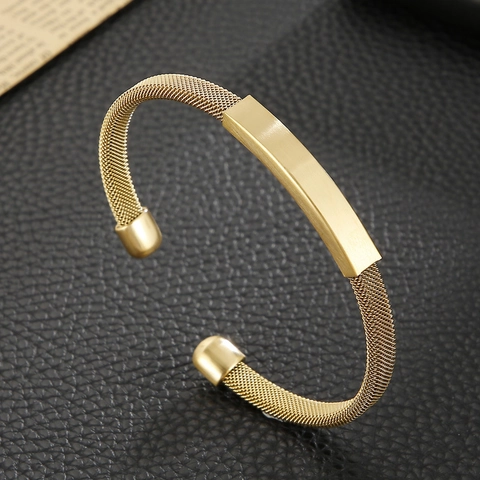 Men Cuff Bracelet Stainless Steel Mesh Weave With Rectangular Plate Minimalist Industrial Style Bangle Unisex