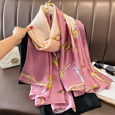 Butterfly Print Imitation Satin Scarf Long Luxury Satin Shawl Color Block Chain Pattern Women Summer Sun Protection Wrap