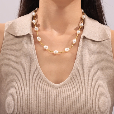 Collana da Donna in Acciaio al Titanio con Perla Artificiale Barocca Vintage Francese Catena a Clavicola con Cucitura di Perle Oro